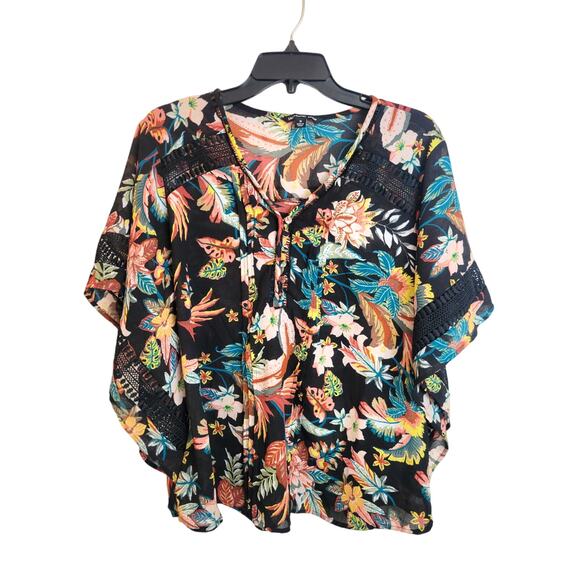 Zac & Rachel Batwing Boho Top Women's 1X V-Neck Semi Sheer Black Tropical - Picture 1 of 13